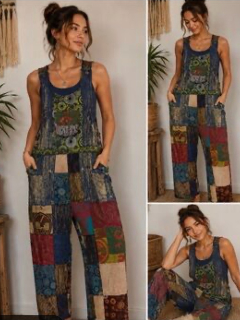 NWT Rising International Multicolor patchwork overalls Size L